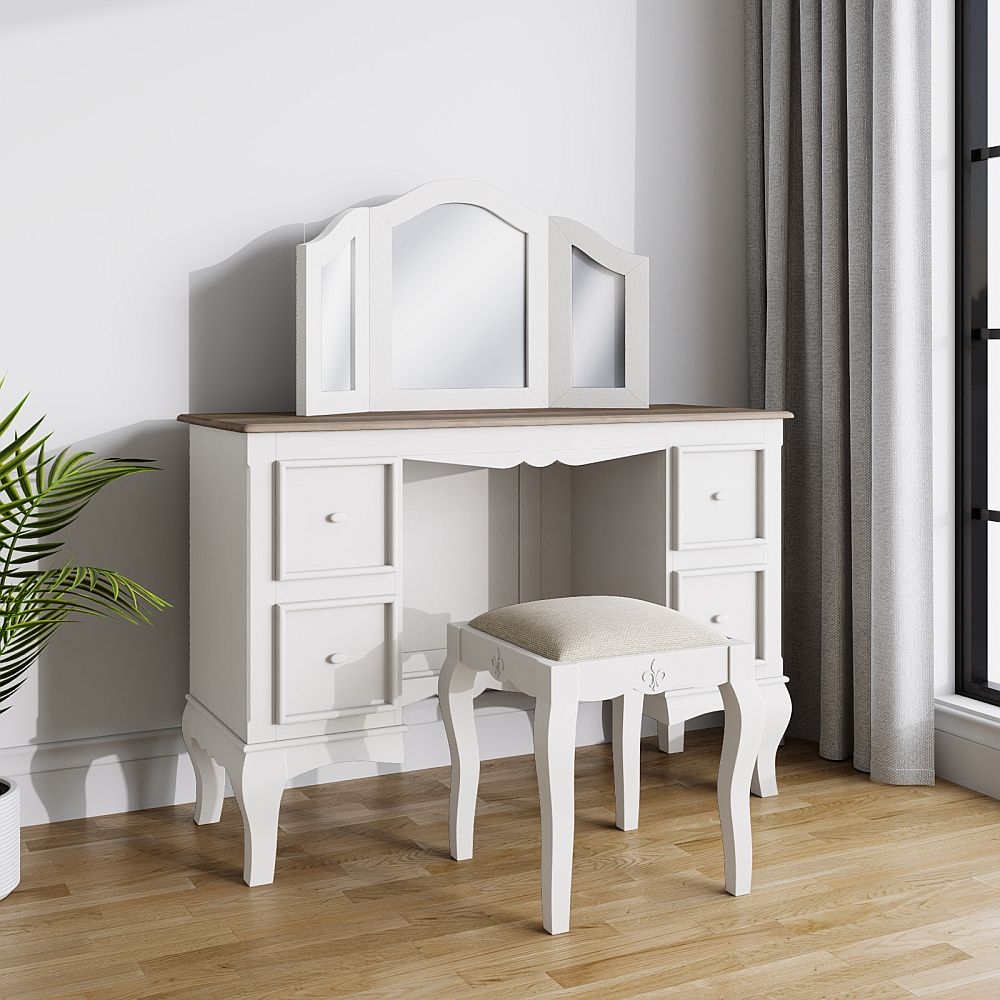 Fleur French Style White Shabby Chic 4 Drawer Kneehole Dressing Table Made In Solid Mango Wood