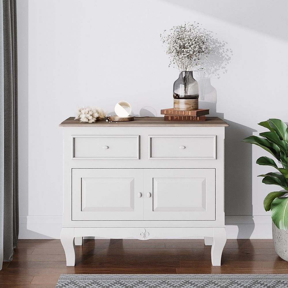 Fleur French Style 2 Door White Shabby Chic Sideboard Made In Solid Mango Wood