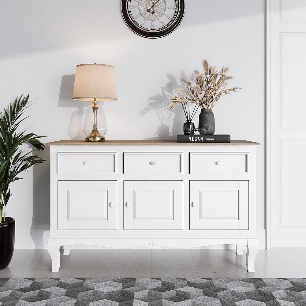 Fleur French Style 3 Door White Shabby Chic Sideboard Made In Solid Mango Wood