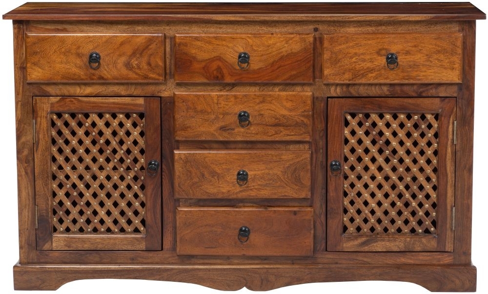 Ganga Sheesham Sideboard Indian Wood 135cm Medium Cabinet Lattice Jali Design 2 Door With 6 Drawers
