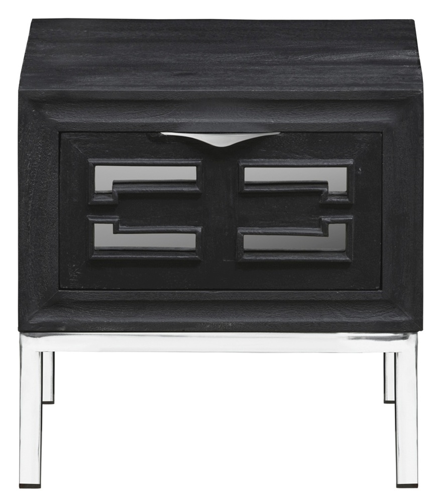 Geo Black Painted Mirrored Side Table Solid Mango Wood With Stainless Steel Chrome Base