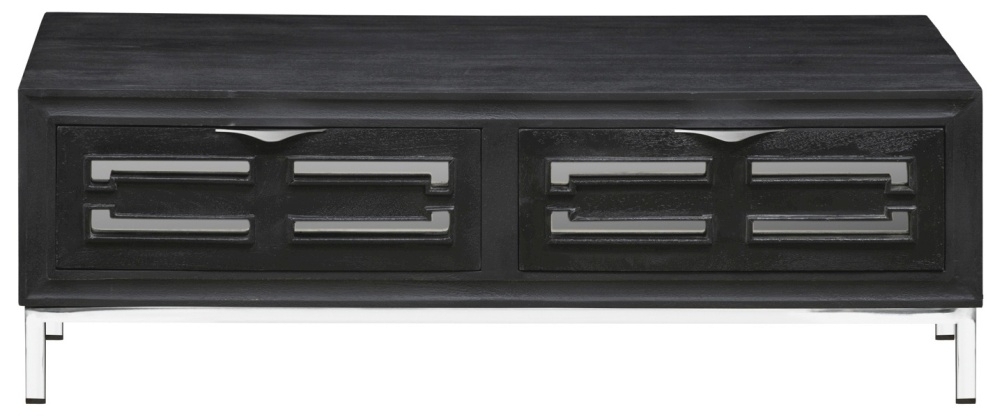 Geo Black Painted Mirrored Storage Coffee Table Solid Mango Wood With Stainless Steel Chrome Base 2 Drawers