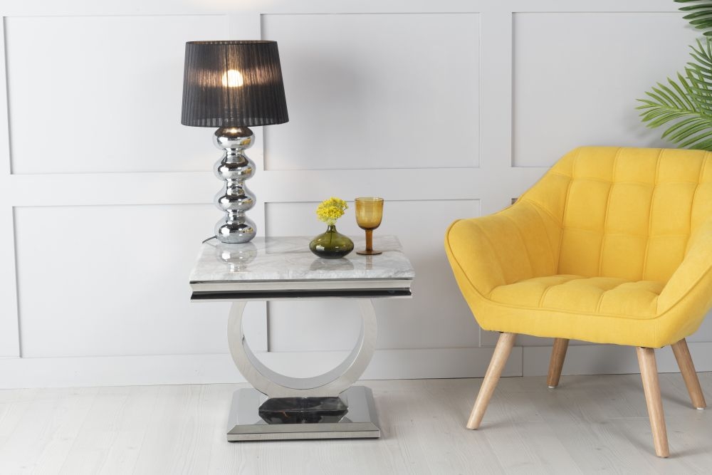 Glacier Marble Side Table Grey Rectangular Top With Ring Chrome Base