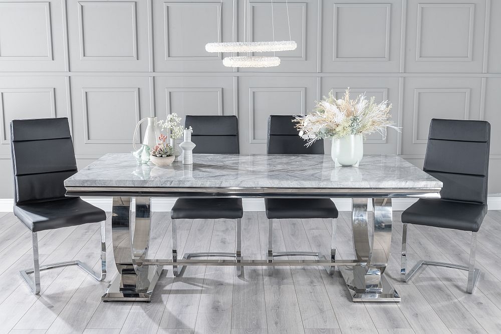 Glacier Marble Dining Table Set Rectangular Grey Top And Ring Chrome Base With Arabella Black Faux Leather Chairs