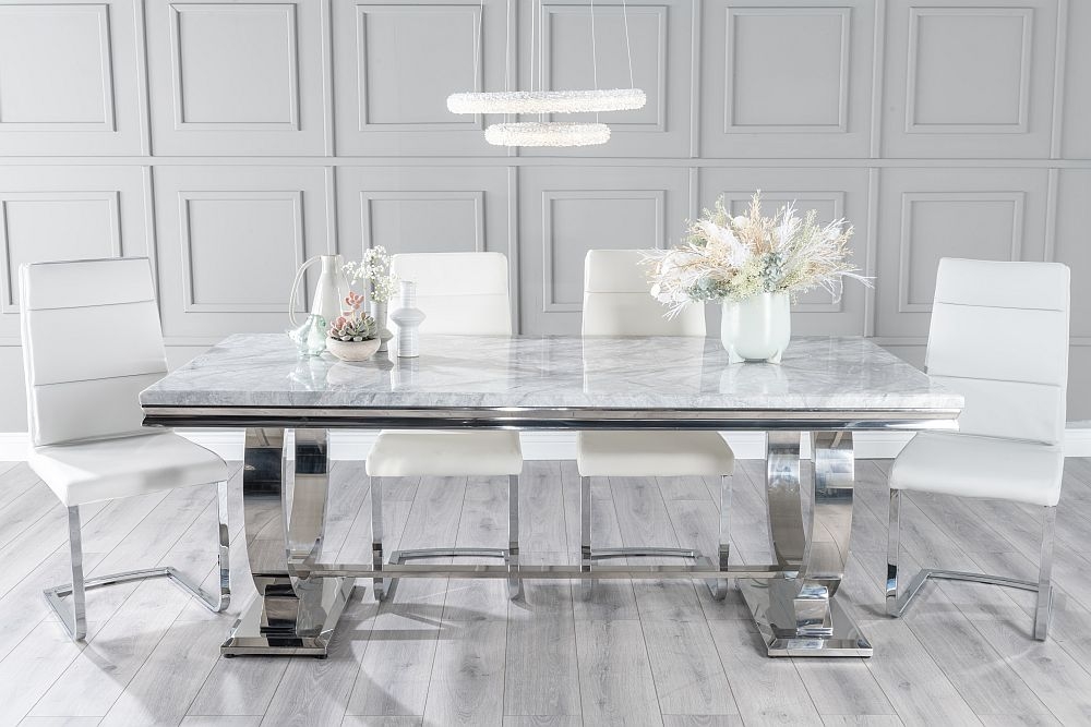 Glacier Marble Dining Table Set Rectangular Grey Top And Ring Chrome Base With Arabella Cream Faux Leather Chairs