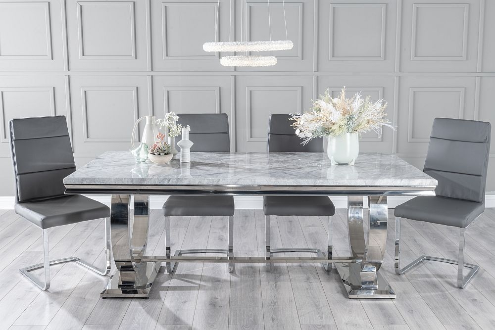 Glacier Marble Dining Table Set Rectangular Grey Top And Ring Chrome Base With Arabella Dark Grey Faux Leather Chairs