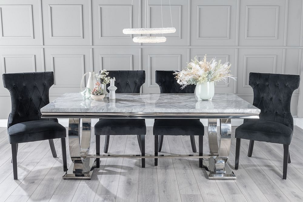 Glacier Marble Dining Table Set Rectangular Grey Top And Ring Chrome Base With Courtney Black Fabric Chairs