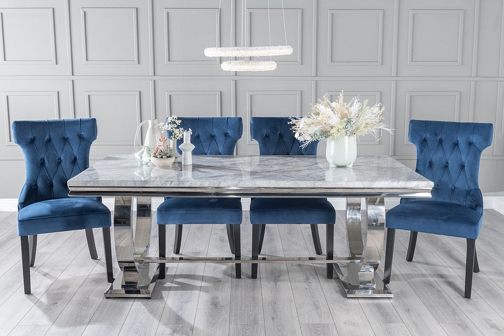 Glacier Marble Dining Table Set Rectangular Grey Top And Ring Chrome Base With Courtney Blue Fabric Chairs