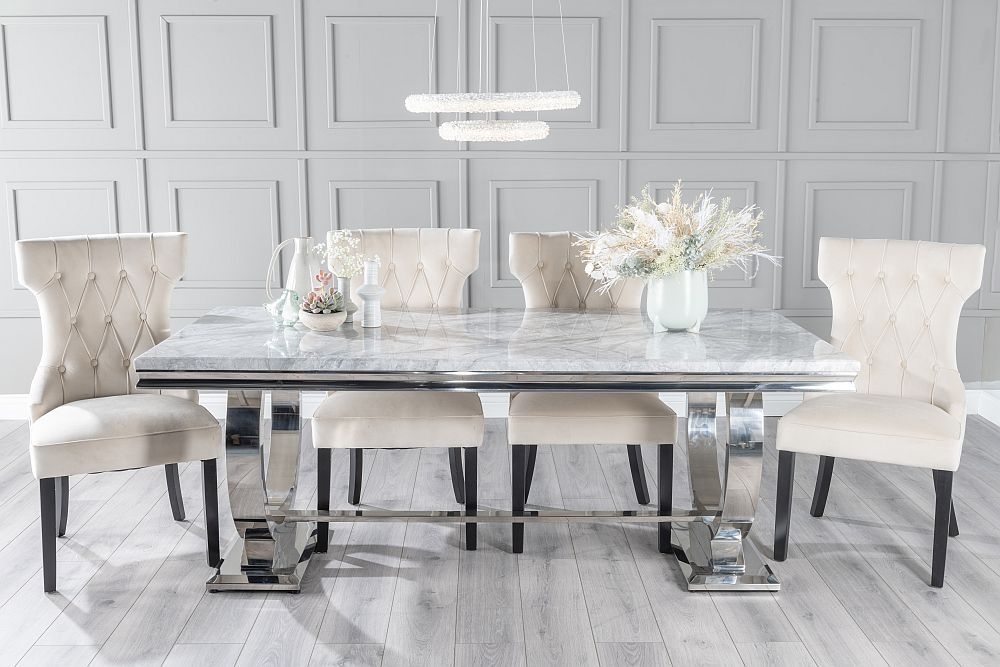 Glacier Marble Dining Table Set Rectangular Grey Top And Ring Chrome Base With Courtney Champagne Fabric Chairs