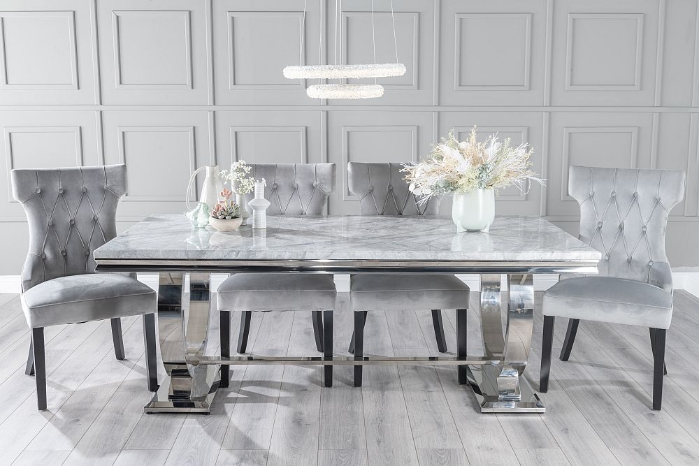 Glacier Marble Dining Table Set Rectangular Grey Top And Ring Chrome Base With Courtney Light Grey Fabric Chairs