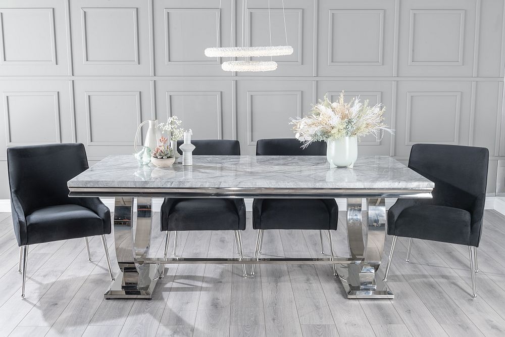 Glacier Marble Dining Table Set Rectangular Grey Top And Ring Chrome Base With Giovanni Black Fabric Chairs