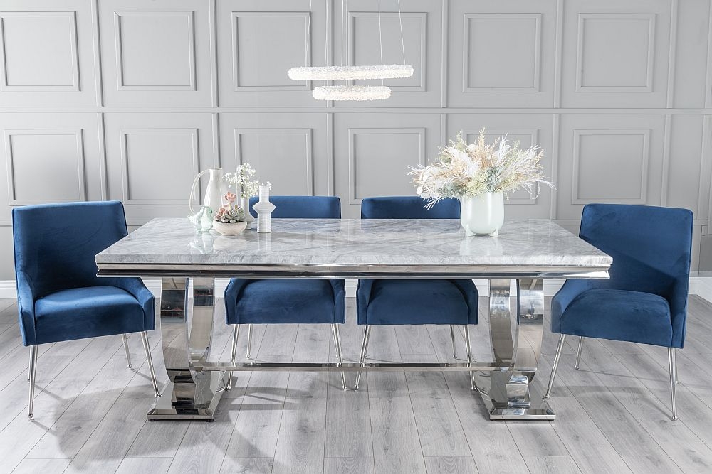 Glacier Marble Dining Table Set Rectangular Grey Top And Ring Chrome Base With Giovanni Blue Fabric Chairs