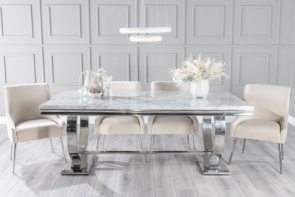 Glacier Marble Dining Table Set Rectangular Grey Top And Ring Chrome Base With Giovanni Champagne Fabric Chairs