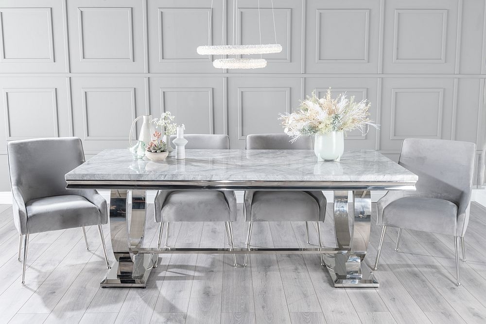 Glacier Marble Dining Table Set Rectangular Grey Top And Ring Chrome Base With Giovanni Light Grey Fabric Chairs