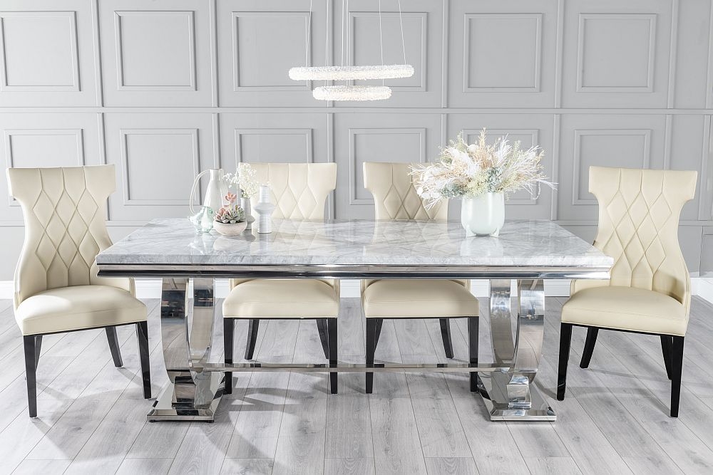 Glacier Marble Dining Table Set Rectangular Grey Top And Ring Chrome Base With Mimi Cream Faux Leather Chairs