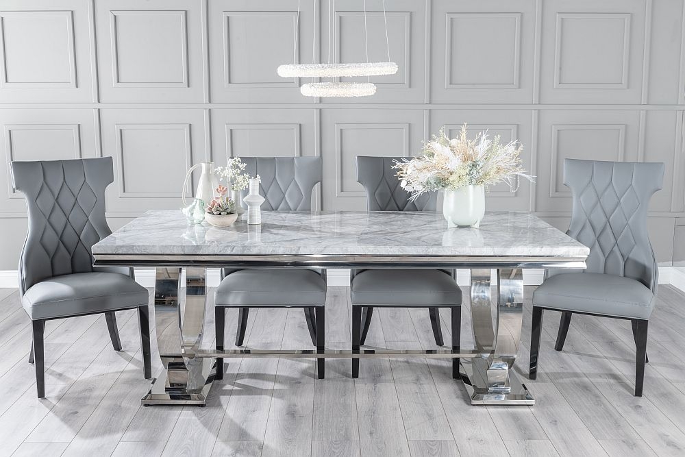 Glacier Marble Dining Table Set Rectangular Grey Top And Ring Chrome Base With Mimi Grey Faux Leather Chairs