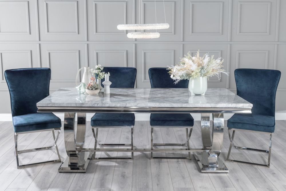 Glacier Marble Dining Table Set Rectangular Grey Top And Ring Chrome Base With Lyon Blue Fabric Chairs