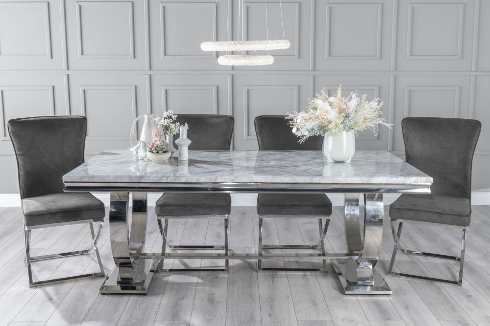Glacier Marble Dining Table Set Rectangular Grey Top And Ring Chrome Base With Lyon Grey Fabric Chairs