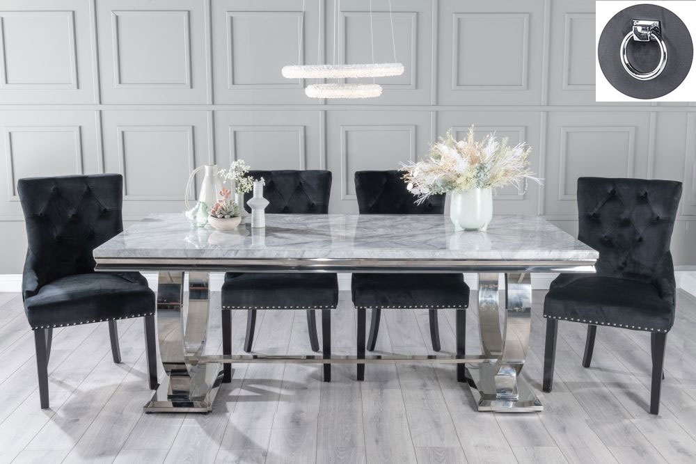 Glacier Marble Dining Table Set Rectangular Grey Top And Ring Chrome Base And Black Fabric Knocker Back Chairs With Black Legs