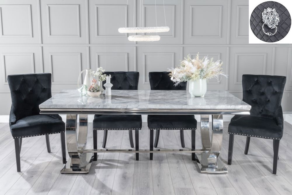 Glacier Marble Dining Table Set Rectangular Grey Top And Ring Chrome Base And Black Fabric Lion Head Ring Back Chairs With Black Legs