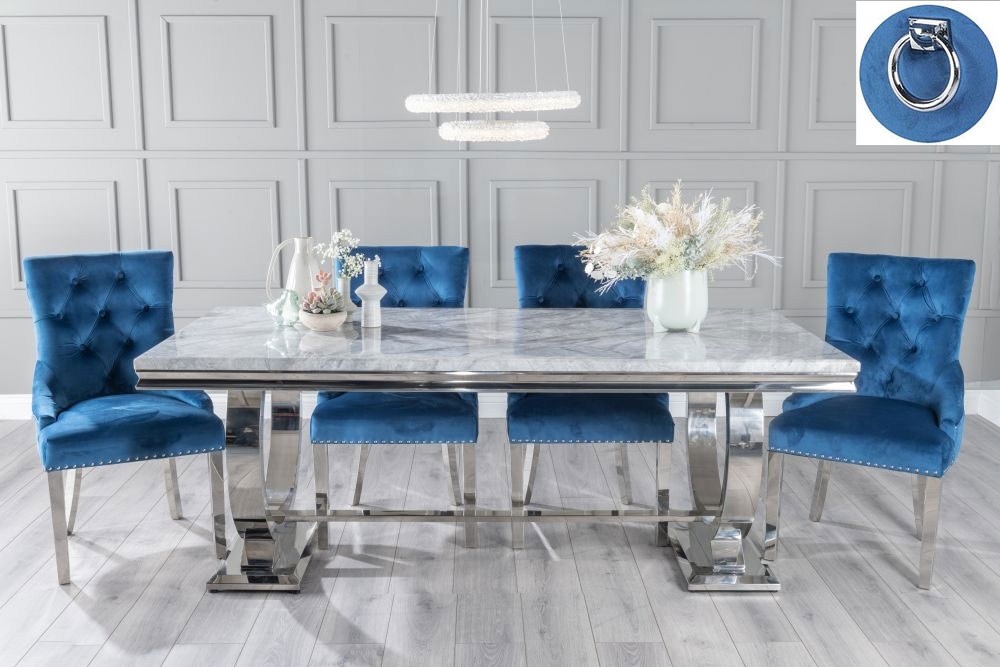 Glacier Marble Dining Table Set Rectangular Grey Top And Ring Chrome Base And Blue Fabric Knocker Back Chairs With Chrome Legs