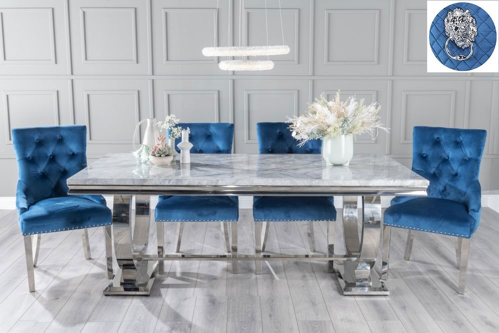 Glacier Marble Dining Table Set Rectangular Grey Top And Ring Chrome Base And Blue Fabric Lion Head Ring Back Chairs With Chrome Legs