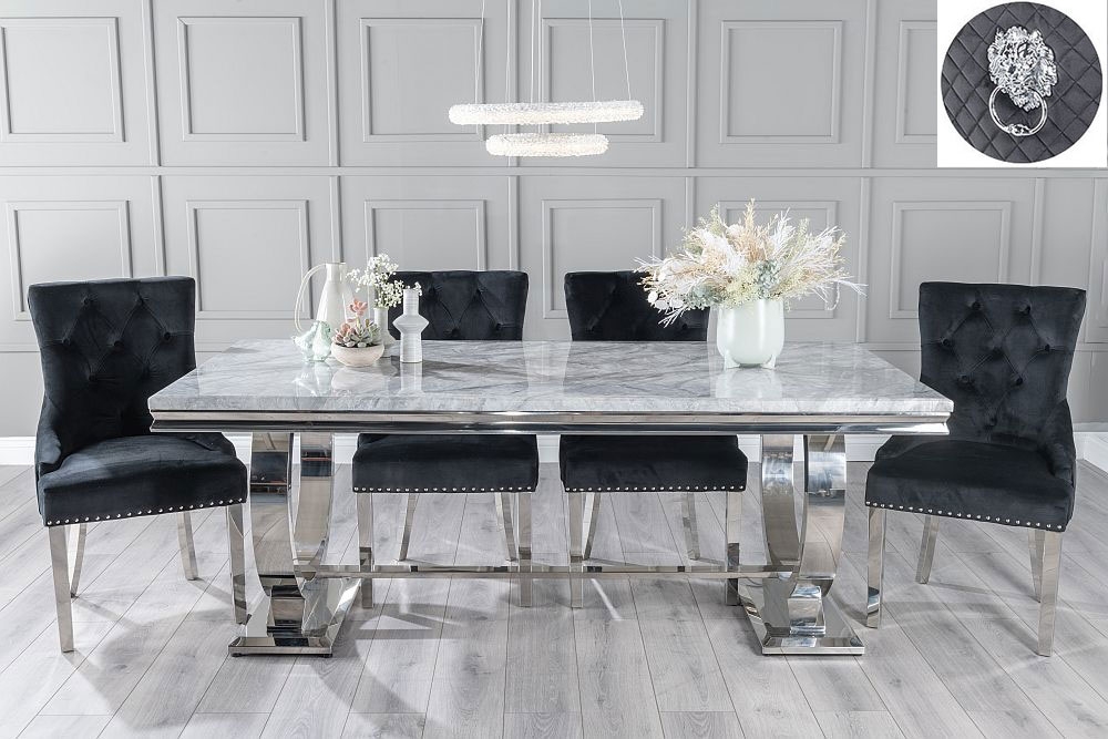 Glacier Marble Dining Table Set Rectangular Grey Top And Ring Chrome Base With Black Fabric Lion Knocker Back Chairs With Chrome Legs