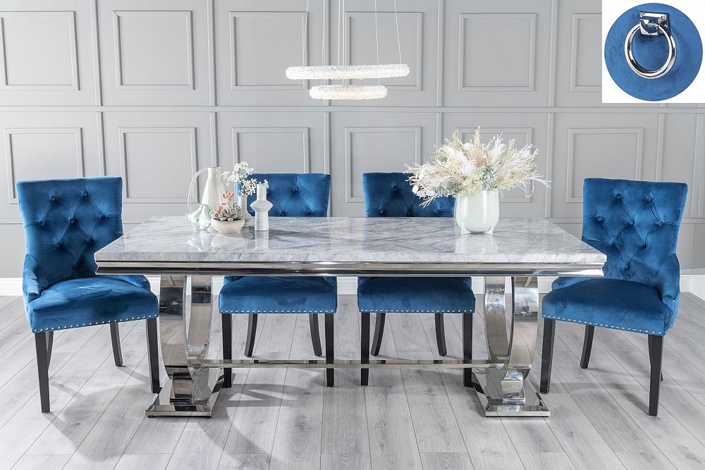 Glacier Marble Dining Table Set Rectangular Grey Top And Ring Chrome Base With Blue Fabric Knocker Back Chairs With Black Legs