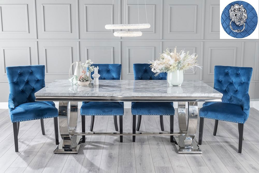 Glacier Marble Dining Table Set Rectangular Grey Top And Ring Chrome Base With Blue Fabric Lion Knocker Back Chairs With Black Legs