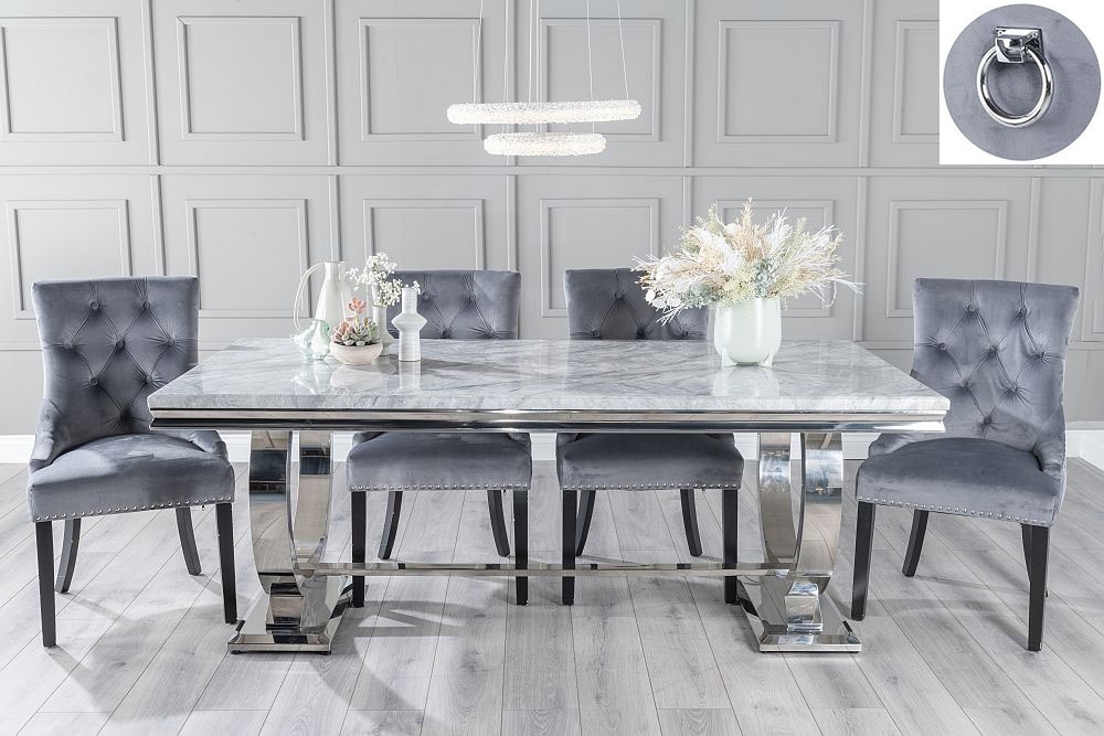 Glacier Marble Dining Table Set Rectangular Grey Top And Ring Chrome Base With Grey Fabric Knocker Back Chairs With Black Legs