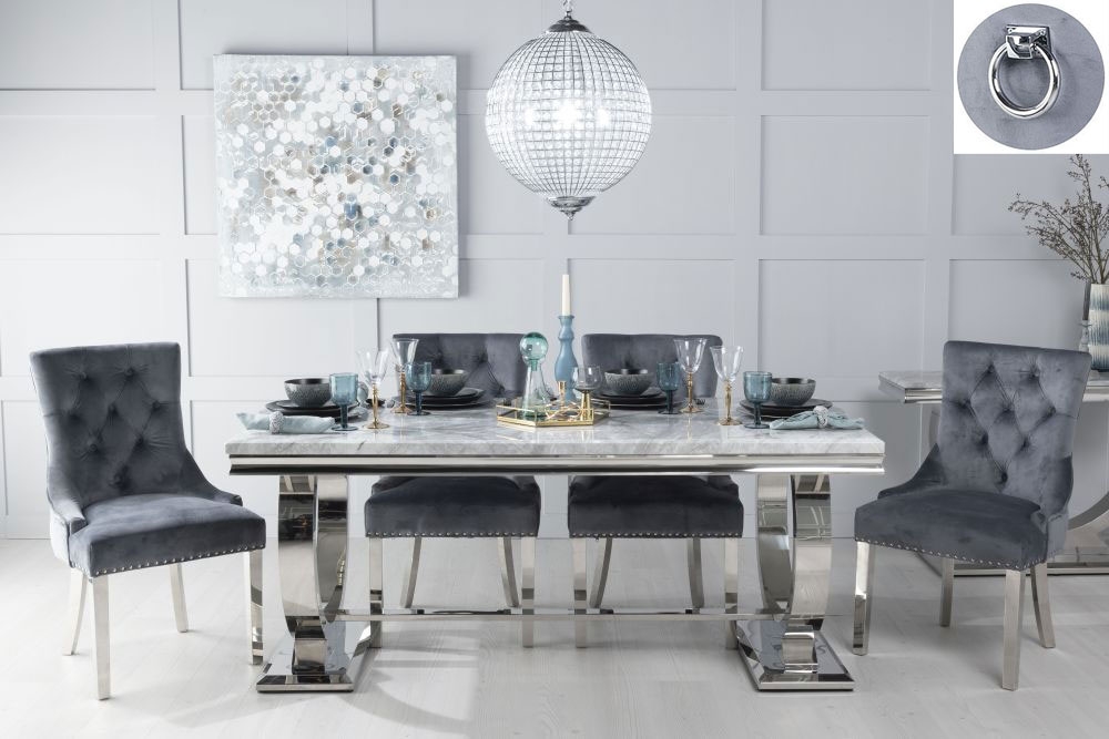 Glacier Marble Dining Table Set Rectangular Grey Top And Ring Chrome Base With Grey Fabric Knockerback Chairs With Chrome Legs