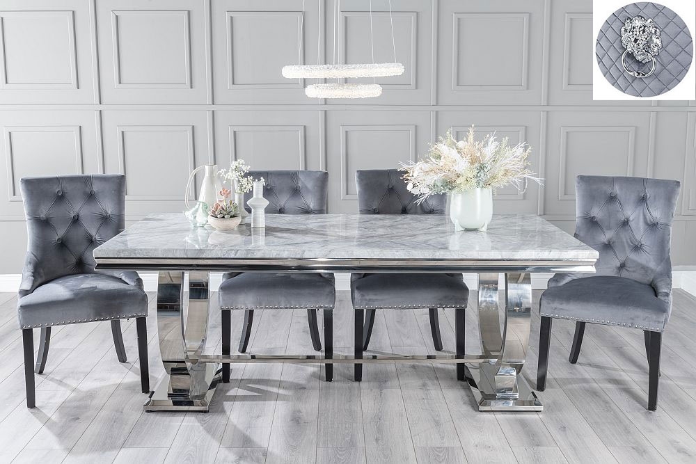 Glacier Marble Dining Table Set Rectangular Grey Top And Ring Chrome Base With Grey Fabric Lion Knocker Back Chairs With Black Legs