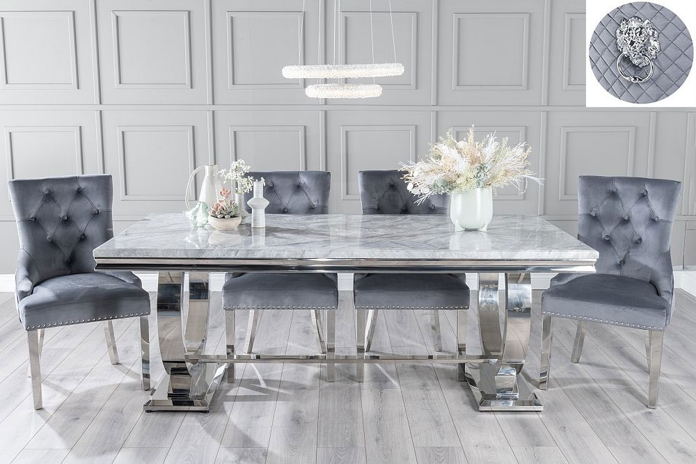 Glacier Marble Dining Table Set Rectangular Grey Top And Ring Chrome Base With Grey Fabric Lion Knocker Back Chairs With Chrome Legs