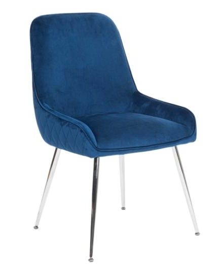 Hamilton Blue Dining Chair Velvet Fabric Upholstered With Quilted Diamond Stitched Back And Chrome Legs