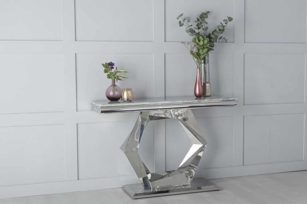 Hexa Marble Consoletable Grey Rectangular Top With Steel Chrome Base