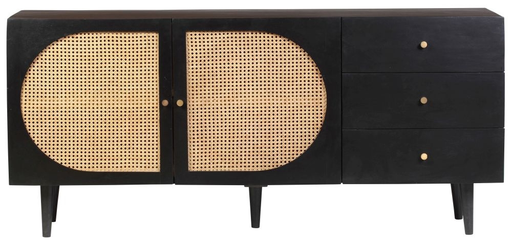 Japandi Black Mango Wood And Rattan 2 Door 3 Drawer Large Sideboard