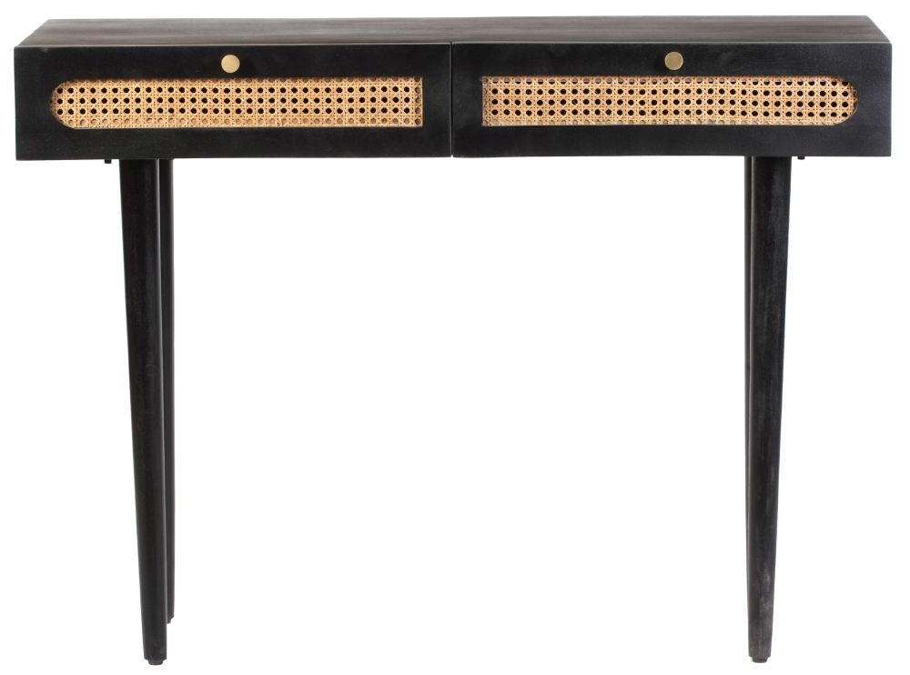 Japandi Black Mango Wood And Rattan 2 Drawer Console Table