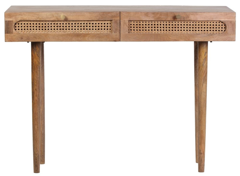 Japandi Natural Mango Wood And Rattan 2 Drawer Console Table