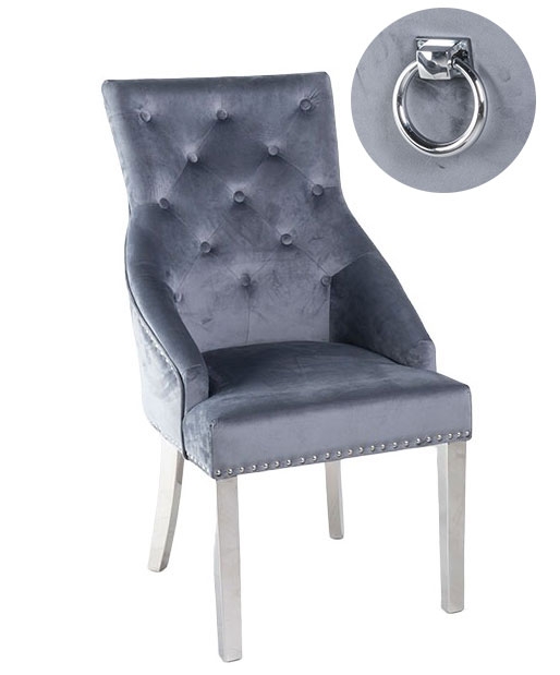 Large Knocker Back Grey Dining Chair Tufted Velvet Fabric Upholstered With Chrome Legs
