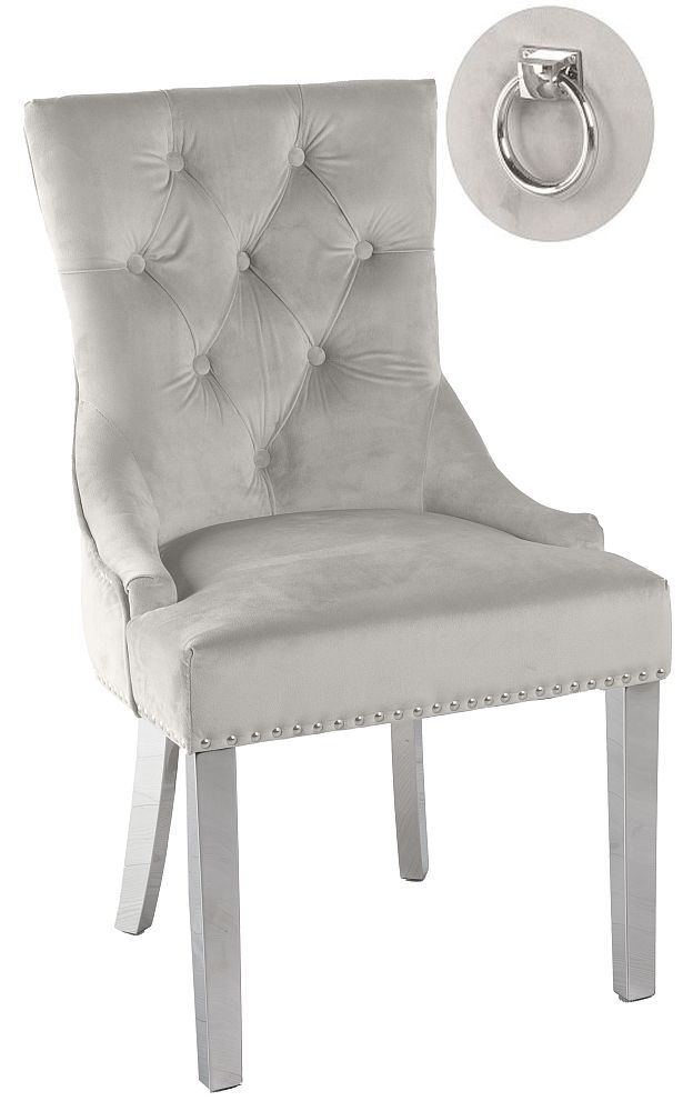 Knocker Back Champagne Dining Chair Tufted Velvet Fabric Upholstered With Chrome Legs