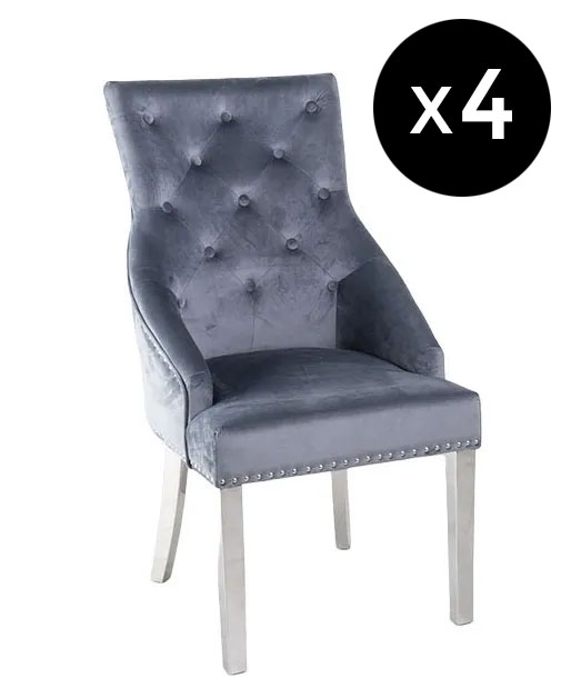 Set Of 4 Large Knocker Back Grey Dining Chair Tufted Velvet Fabric Upholstered With Chrome Legs