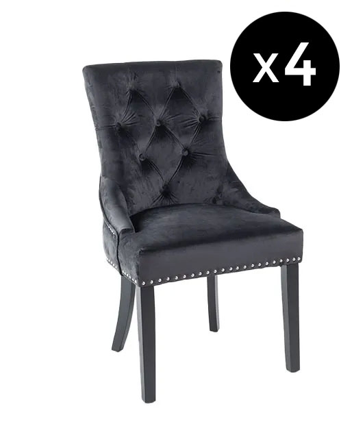 Set Of 4 Knocker Back Black Dining Chair Tufted Velvet Fabric Upholstered With Black Wooden Legs