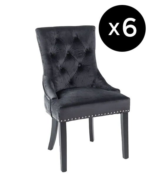 Set Of 6 Knocker Back Black Dining Chair Tufted Velvet Fabric Upholstered With Black Wooden Legs