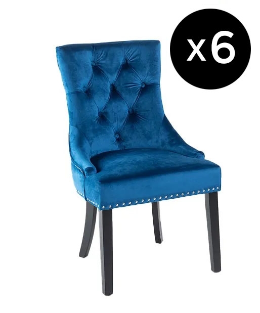 Set Of 6 Knocker Back Blue Dining Chair Tufted Velvet Fabric Upholstered With Black Wooden Legs