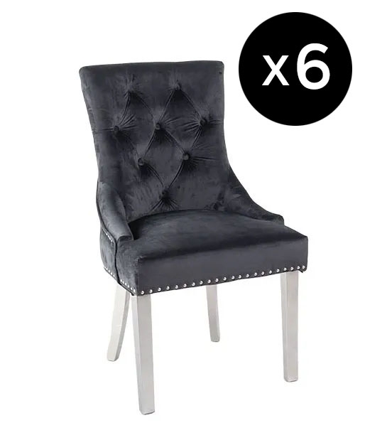 Set Of 6 Knocker Back Black Dining Chair Tufted Velvet Fabric Upholstered With Chrome Legs