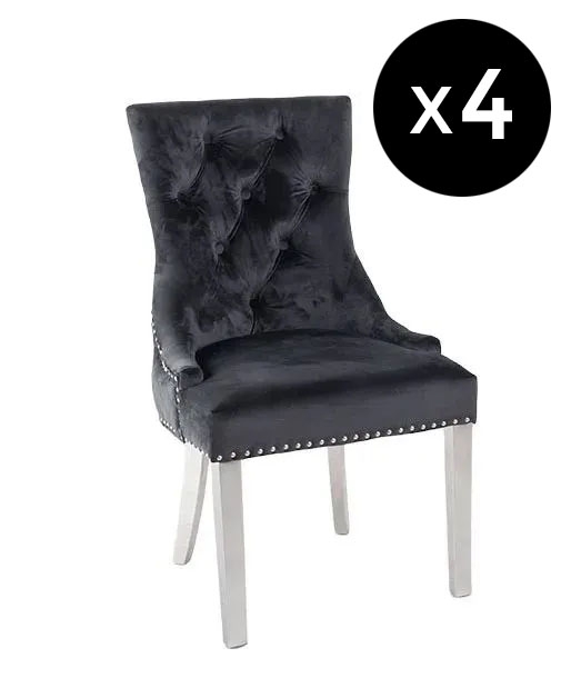 Set Of 4 Lion Knocker Back Black Dining Chair Tufted Velvet Fabric Upholstered With Chrome Legs