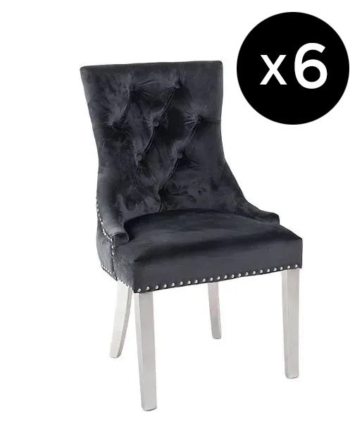 Set Of 6 Lion Knocker Back Black Dining Chair Tufted Velvet Fabric Upholstered With Chrome Legs
