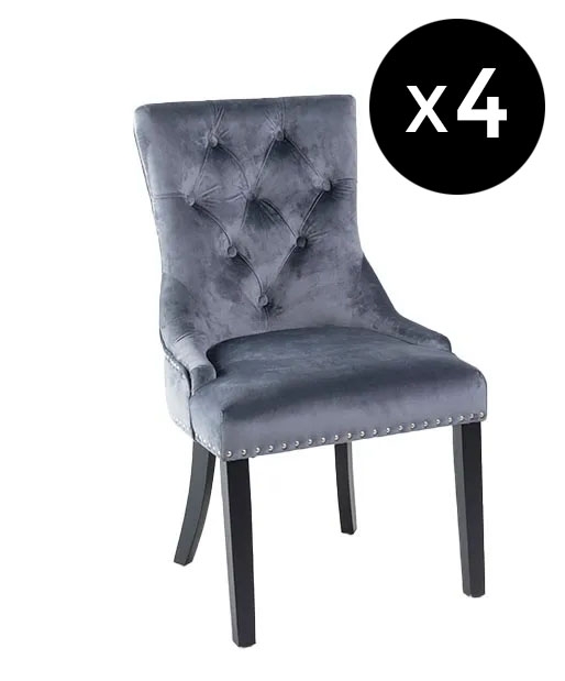 Set Of 4 Knocker Back Grey Dining Chair Tufted Velvet Fabric Upholstered With Black Wooden Legs