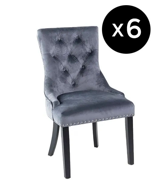 Set Of 6 Knocker Back Grey Dining Chair Tufted Velvet Fabric Upholstered With Black Wooden Legs