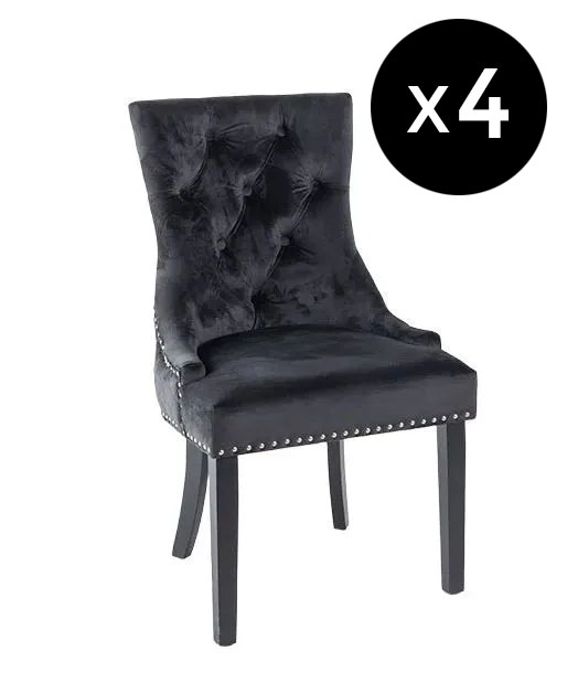 Set Of 4 Lion Knocker Back Black Dining Chair Tufted Velvet Fabric Upholstered With Black Wooden Legs